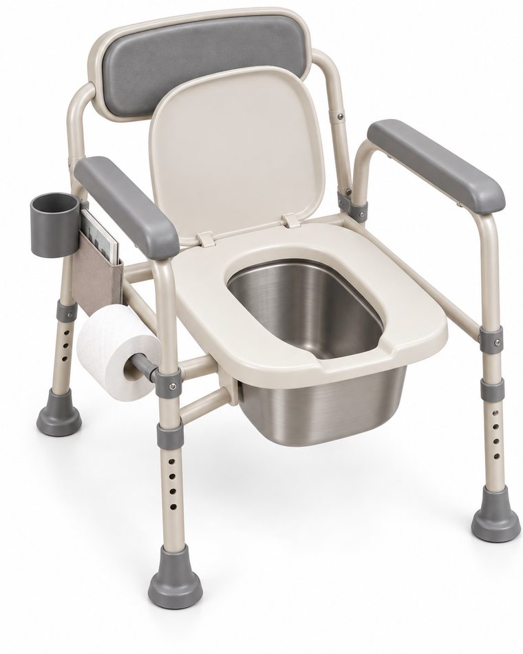 Lid open, showing the elongated seat opening with the seamless stainless steel bucket seated flush beneath it, with no gap between the two.