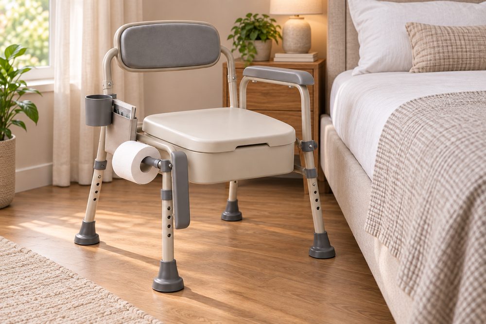 The commode beside a bed with the near armrest folded down, leaving that side fully open.