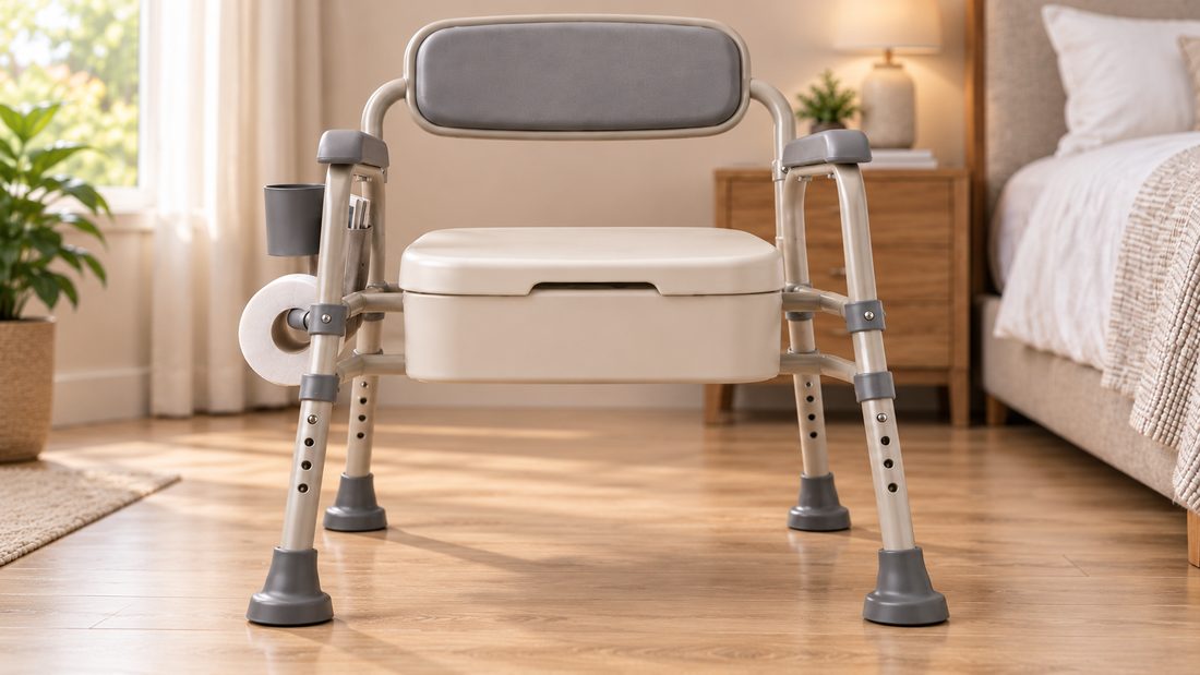 The commode photographed from floor level, showing the four legs splaying outward so the rubber feet sit wider than the seat above them.
