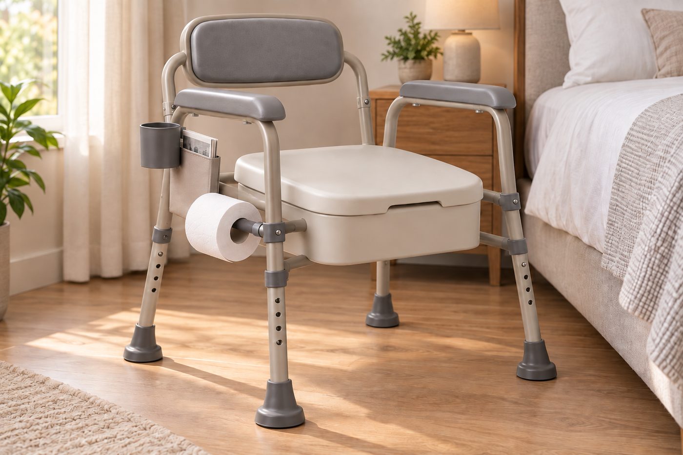 Bedside commode with the lid closed, standing beside a bed on a wood floor. With the lid down nothing of the interior is visible.
