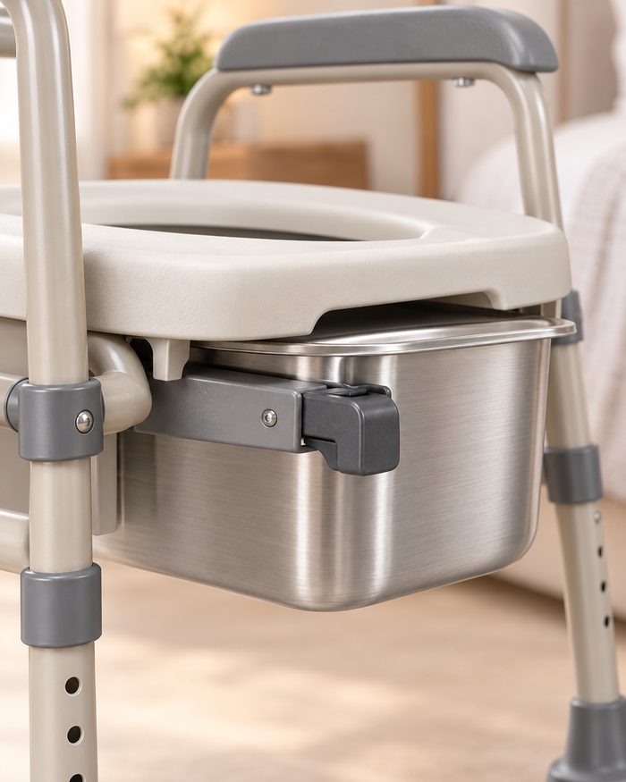 Close-up of the latch holding the stainless bucket against its carrier.