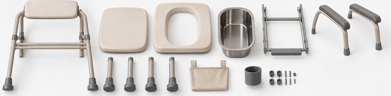 Flat lay of every component: welded back frame, seat pad, seat top with elongated opening, stainless bucket, bucket carrier, two padded armrests, four telescoping legs, side pocket, cup holder and hardware.