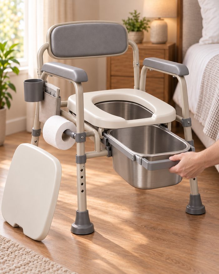 A hand sliding the stainless bucket out on its front carrier, with the seat lifted above.