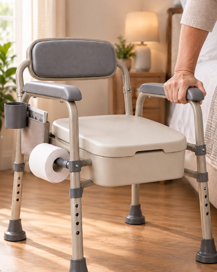 A hand pressing down hard on the armrest, the way someone pushes off to stand. The frame does not shift and all four feet stay flat.