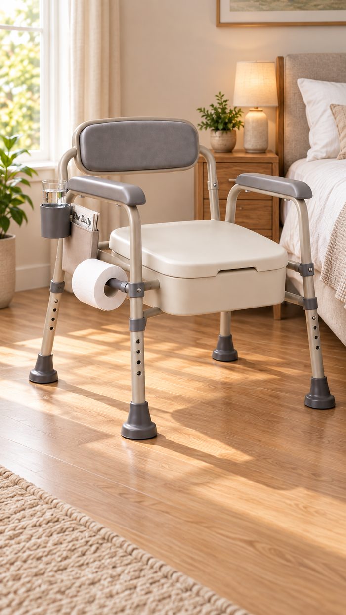 The commode in a bedroom in morning light, lid closed, a glass of water in the holder and a newspaper in the side pocket.